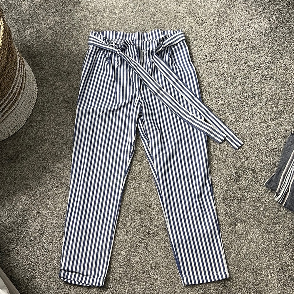 White/Blue paper bag pants